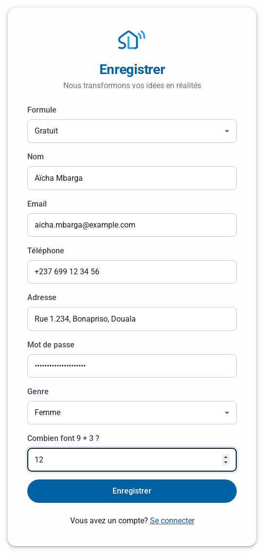 Formulaire d'inscription rempli : formule, nom, e-mail, téléphone, adresse, mot de passe, genre et question de vérification