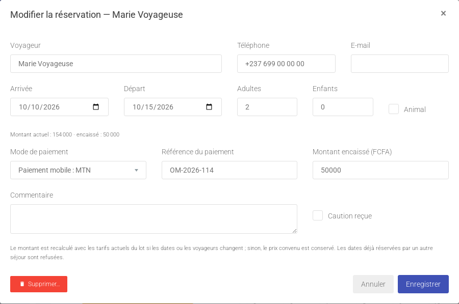 Fenêtre Modifier la réservation : voyageur, dates, voyageurs, paiement, montant encaissé et caution
