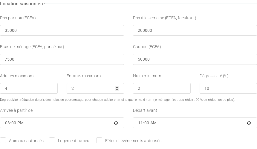 Partie Location saisonnière de la fenêtre Modifier les paramètres du lot : prix, capacité, dégressivité, horaires et règles