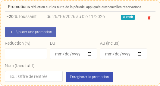 Bloc Promotions d'un lot saisonnier avec une promotion en cours et le formulaire d'ajout